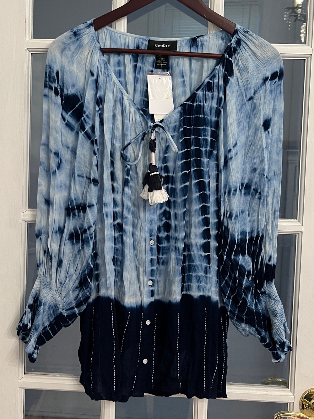 KAREN KANE Women’s Tie Dye Tassel Peasant Tunic Blouse Blue Rayon Plus 1X